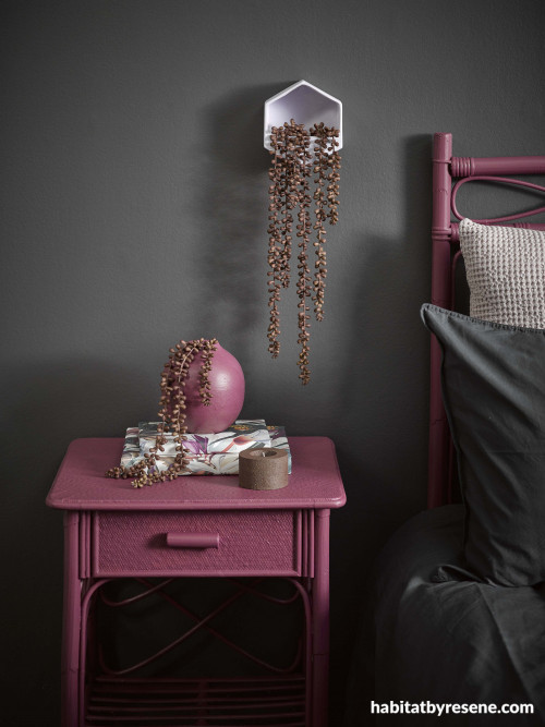 bedroom, grey bedroom, grey and purple bedroom, dark bedroom, purple side table, resene virtuoso