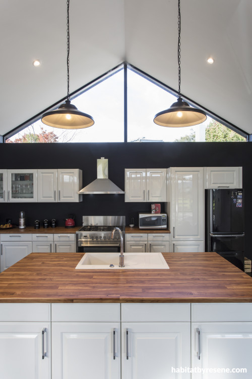 kitchen, black and white kitchen, kitchen lighting, interior lighting ideas, resene nero