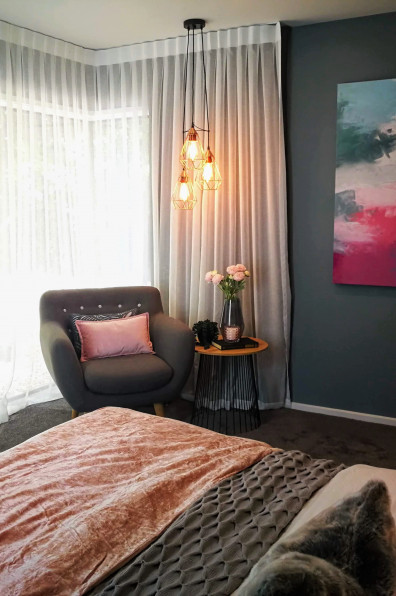 Jen and Dan’s blissful master bedroom sets the stage for more colour to come