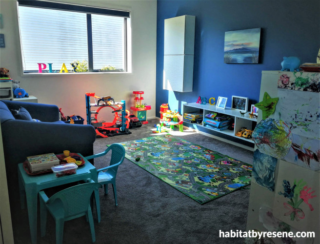 play room ideas, play room inspiration, blue play room, blue feature wall, kids room inspiration