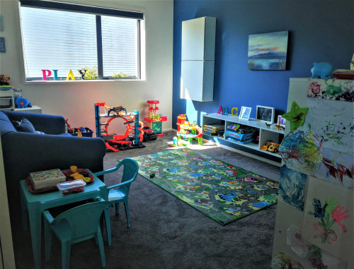 play room ideas, play room inspiration, blue play room, blue feature wall, kids room inspiration