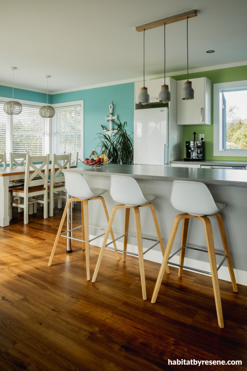 kitchen inspiration, dining room inspiration, blue interior ideas, open plan living ideas, resene