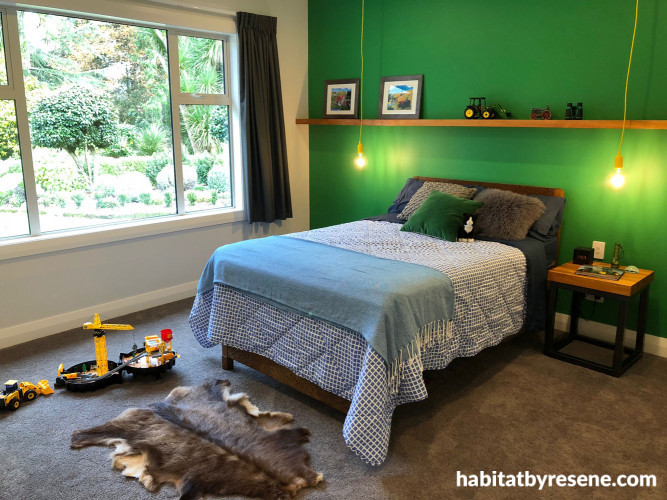 green bedroom, resene left field, kid's bedroom, boys bedroom, children's bedroom