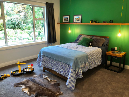 green bedroom, resene left field, kid's bedroom, boys bedroom, children's bedroom