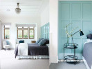 bedroom, master bedroom, blue bedroom, white bedroom, paneled wall, blue feature wall 