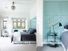 bedroom, master bedroom, blue bedroom, white bedroom, paneled wall, blue feature wall 