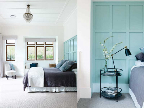 bedroom, master bedroom, blue bedroom, white bedroom, paneled wall, blue feature wall