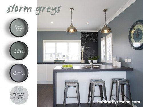 grey kitchen, grey paint, blue kitchen, interior, stormy greys, home decorating ideas 