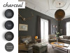 dark grey lounge, charcoal paint, living room, shades of grey, interior, home decorating ideas 