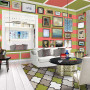 villa, lounge, living room, bright living room, striped walls, pink and green stripes