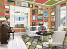 villa, lounge, living room, bright living room, striped walls, pink and green stripes