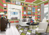 villa, lounge, living room, bright living room, striped walls, pink and green stripes