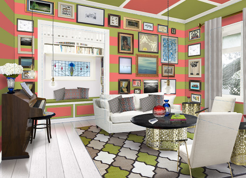 villa, lounge, living room, bright living room, striped walls, pink and green stripes