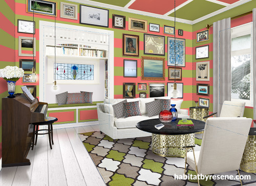 villa, lounge, living room, bright living room, striped walls, pink and green stripes