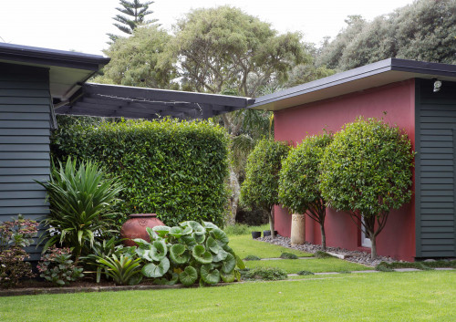 garden, house exterior, red exterior, grey exterior, grey house, red feature wall, house garden