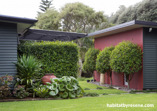 garden, house exterior, red exterior, grey exterior, grey house, red feature wall, house garden 