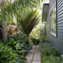 garden, palms, painted weatherboards, grey house, grey exterior, house garden, garden path