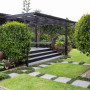 house exterior, grey house, garden, deck, house garden, garden path, painted weatherboards 