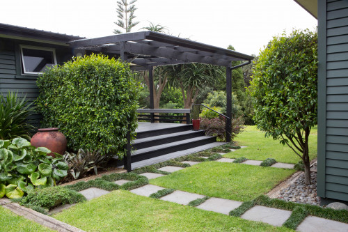 house exterior, grey house, garden, deck, house garden, garden path, painted weatherboards