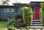 garden, house exterior, grey exterior, grey house, red front door, house entrance 