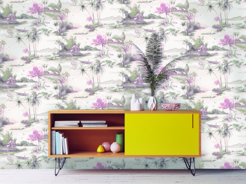 feature wall, wallpaper feature, yellow painted furniture, resene switched on, retro side table