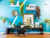 Dining room, blue dining room, blue feature wall, bright interior, plant wall, bright blue paint 