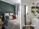 bedroom, bathroom, white bathroom, green bedroom, green feature wall, resene black white 