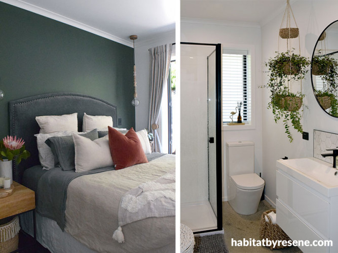 bedroom, bathroom, white bathroom, green bedroom, green feature wall, resene black white 