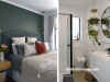 bedroom, bathroom, white bathroom, green bedroom, green feature wall, resene black white 