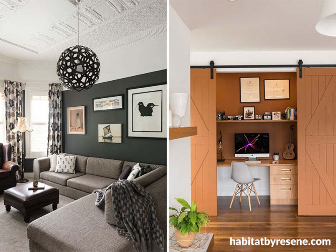 black living room, black lounge, black feature wall, study, office, interior barn doors, brown doors
