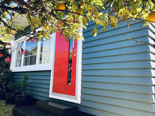 exterior cladding, weatherboard Inspo, red door, red door inspiration, White window frames, Resene