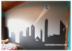 kid's bedroom, children's bedroom, feature wall, black and white paint, superhero wall, interior 