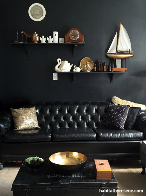 lounge, living room, black, art deco, feature wall, paint ideas
