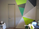 geometric painted wall, office, grey study, shades of green paint, interior design 