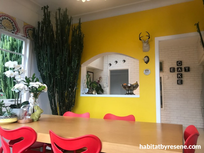 yellow dining room, dining room inspiration, dining room ideas, bright interior ideas, resene turbo