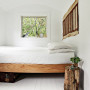 sleepout, small home, cabin, holiday home, white paint, white interior, timber bed