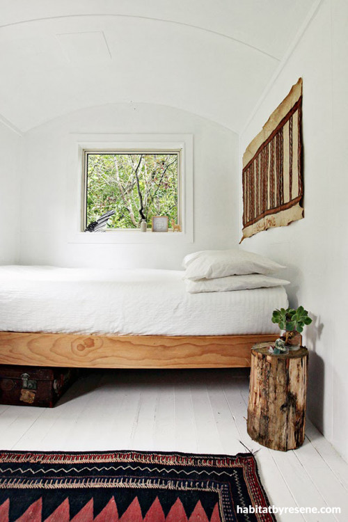 sleepout, small home, cabin, holiday home, white paint, white interior, timber bed