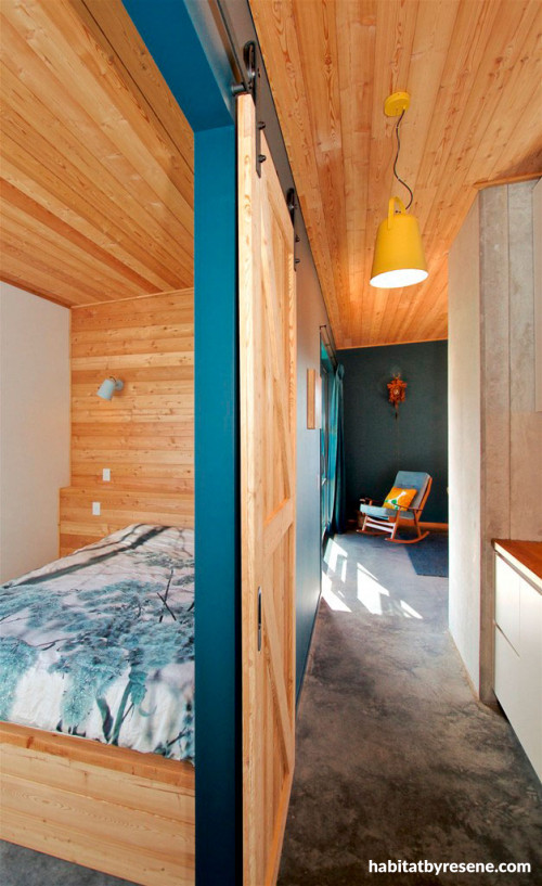 holiday cabin, timber walls, timber ceiling, resene elephant, bedroom, hallway 
