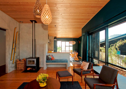 timber ceiling, timber floors, holiday cabin, feature wall, living room, lounge