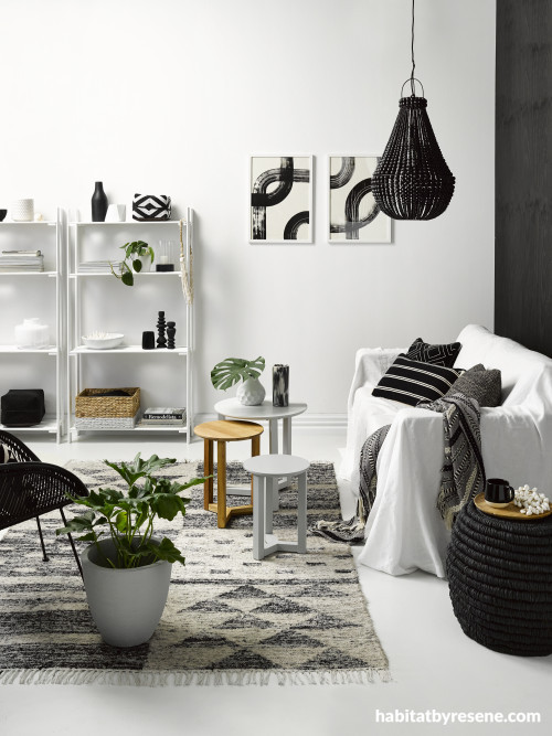 black and white living room, black and white lounge, monochrome lounge, black feature wall