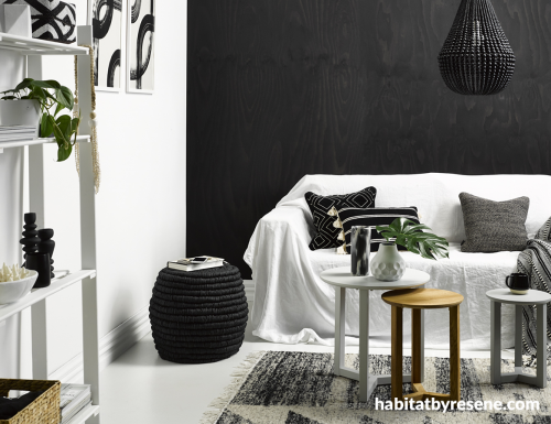 living room, black, feature wall, texture, contrast