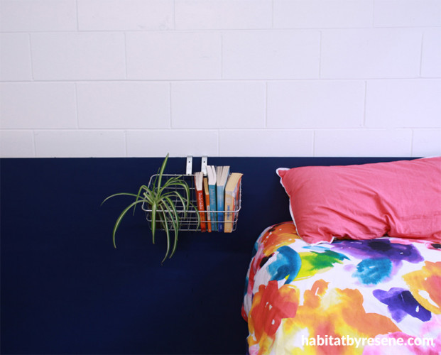 diy, dark blue paint, indigo headboard, bedroom, make your own bedhead 