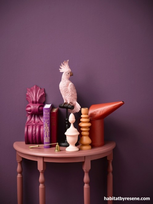 purple, purple feature wall, pink and purple, purple table, resene couture, deep purple