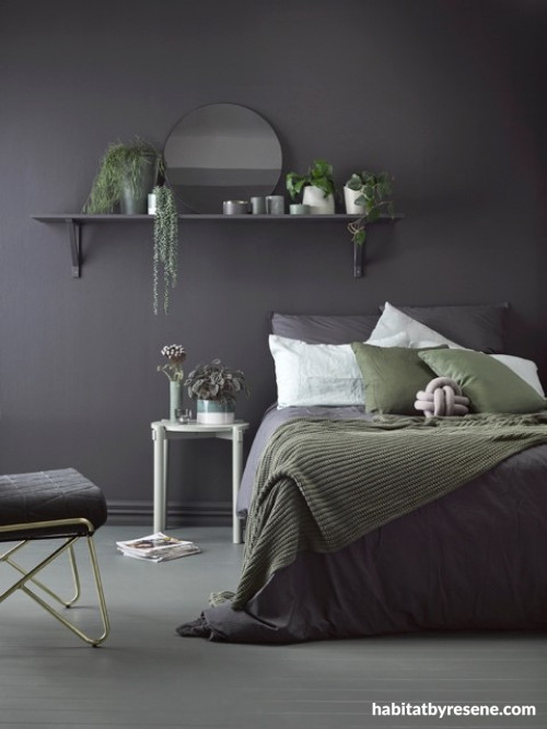 bedroom, black bedroom, black and green, bedroom plants, black feature wall