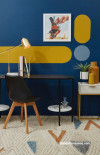 blue, mustard, gold, study, home office, blue home office, resene wishing well, resene cleopatra