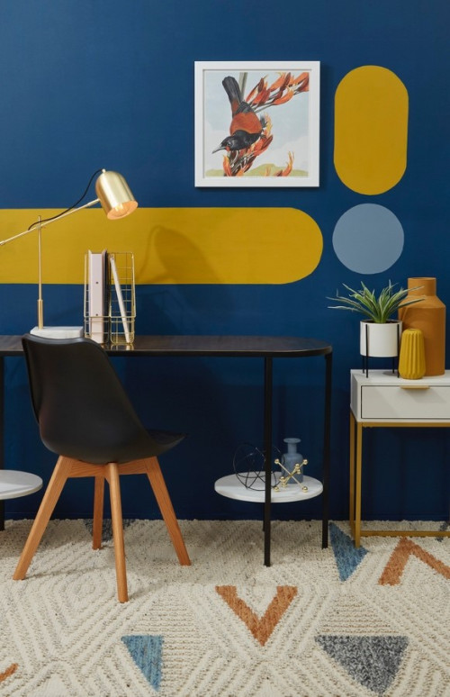 blue, mustard, gold, study, home office, blue home office, resene wishing well, resene cleopatra