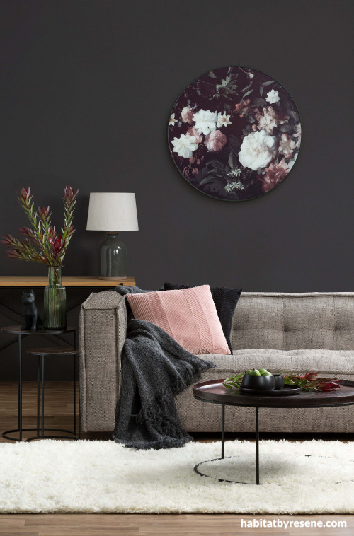 living room, lounge, dark brown wall, feature wall, grey sofa, resene ironsand