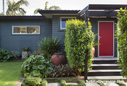 grey exterior, red front door, grey house, grey weatherboards, garden, entranceway 