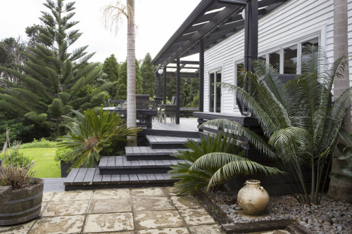 house exterior, white house, white exterior, deck, outdoor living, garden, house garden
