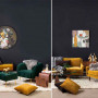 living room, lounge, black paint, feature wall, black wall, mustard sofa, green armchair 
